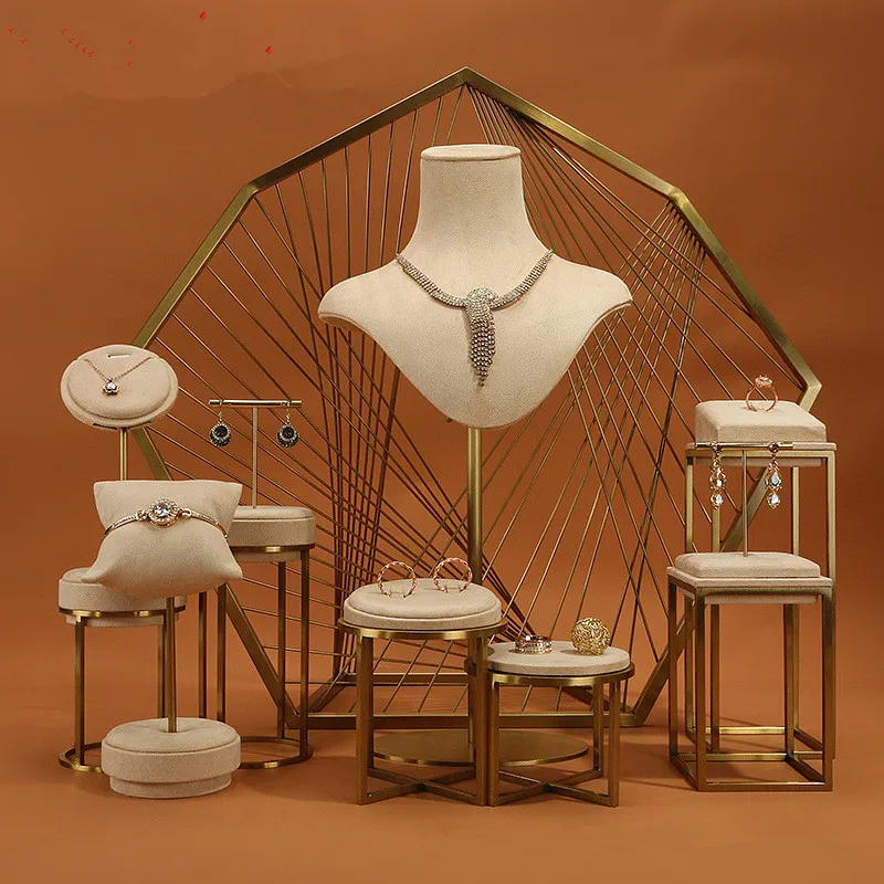 Khaki High-End Metal Jewelry Display Stands Necklace Ring Earring Showcasing Accessories Counter window set display props