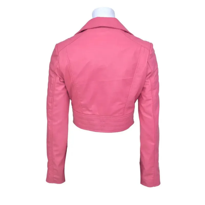 Women's Cropped Style Genuine Lambskin 100% Leather Jacket Designer Pink Outdoor