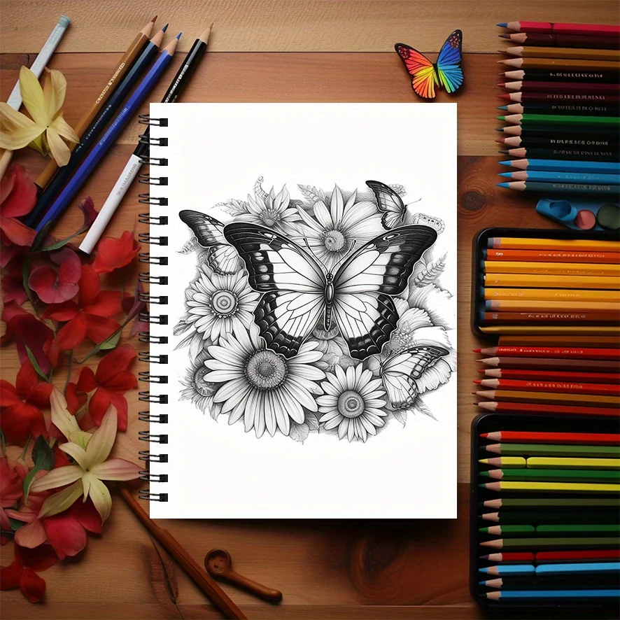 Flowers And Butterflies Unzip Coloring Book 8.3x11.2 Inch Art Therapy Stress Relief Coloring Book with 22 Illustrations