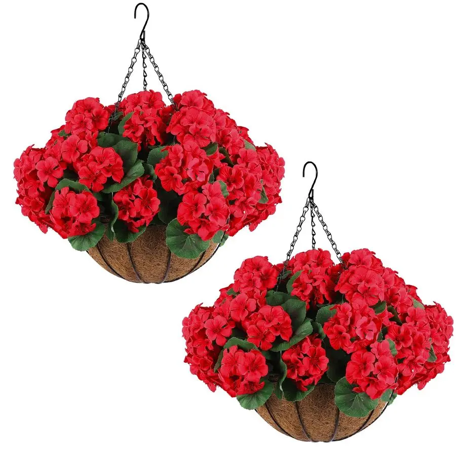 

2 Set Artificial Red Geraniums Flowers for Outdoors with Hanging Baskets, 2 Hanging Planters with 12 Pcs Red Geranium Flowers fo