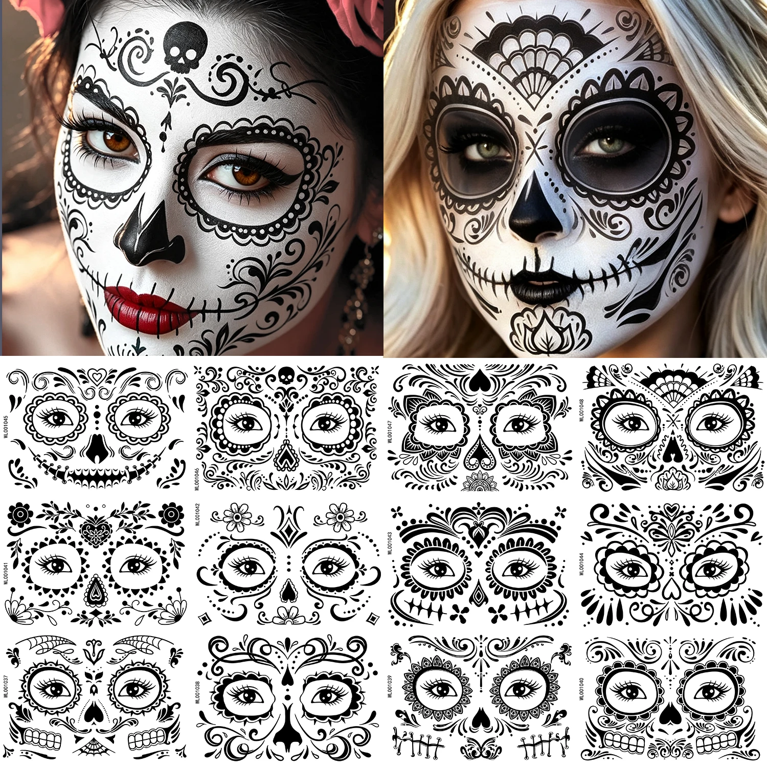12Pcs Waterproof Halloween Temporary Tattoo Stickers Day of the Dead Face Festival Costume Party Makeup Body Dress up Decoration