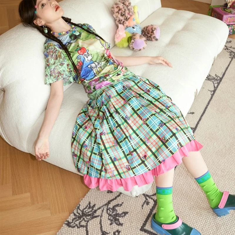 Spring And Summer Original Design Women's Skirt Green Plaid Contrasting Color Pink Edge Pleats Cute Little Animal Sweet Skirts