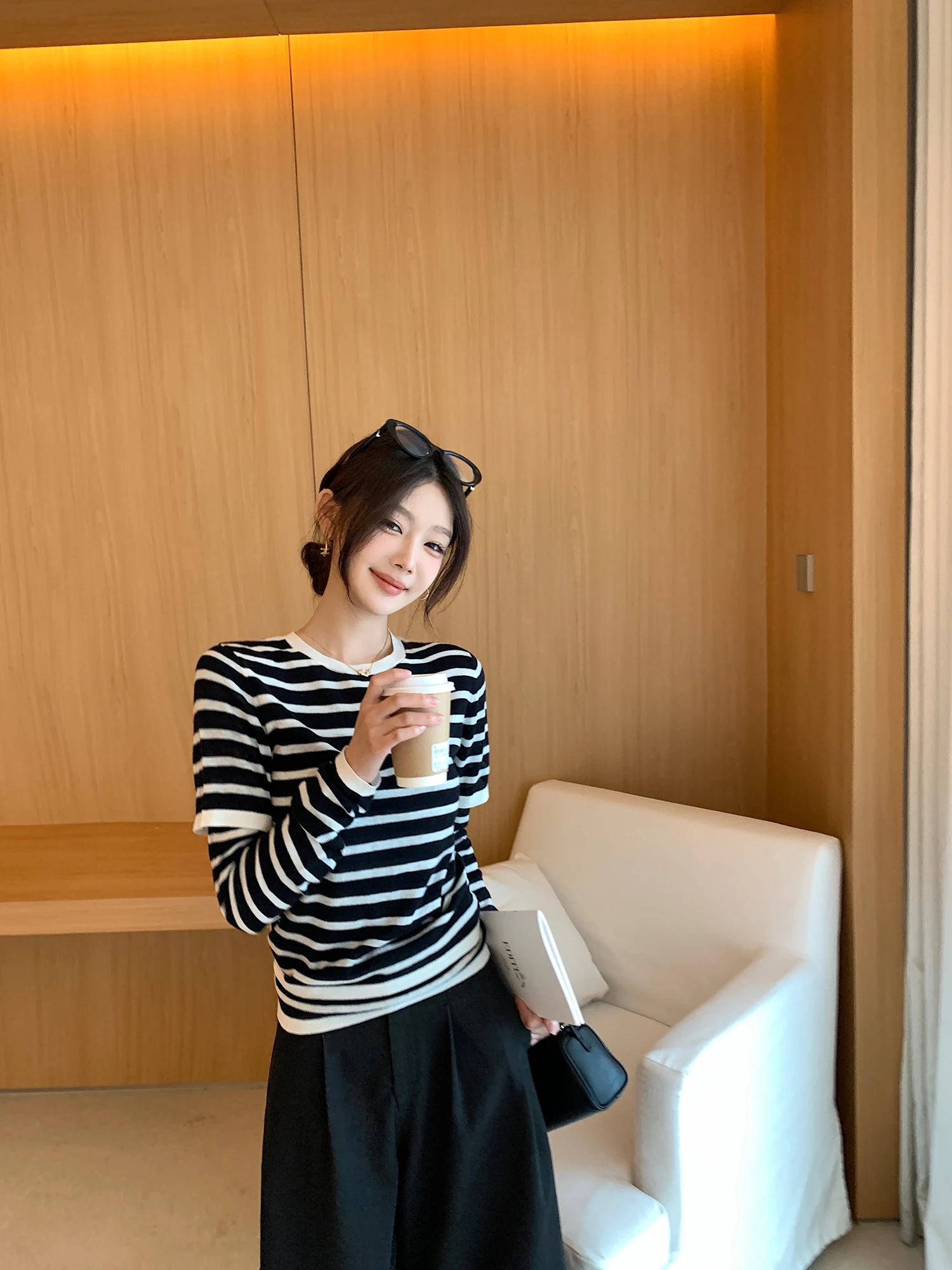 Ultrine Camere Soft Striped Fake Two-Piece Casual Sle Women's Knitted Top Layering Sensation Comfortable Loose Fit Long...