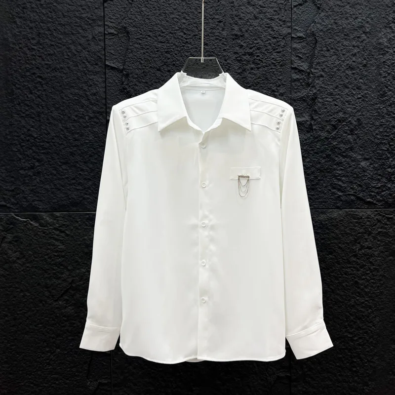 WVGA Spring Summer New Men Luxury Metal Rivet Long Sleeved Shirt Korean Style Niche Breathable Wrinkle Resistant Tops Ins W25243