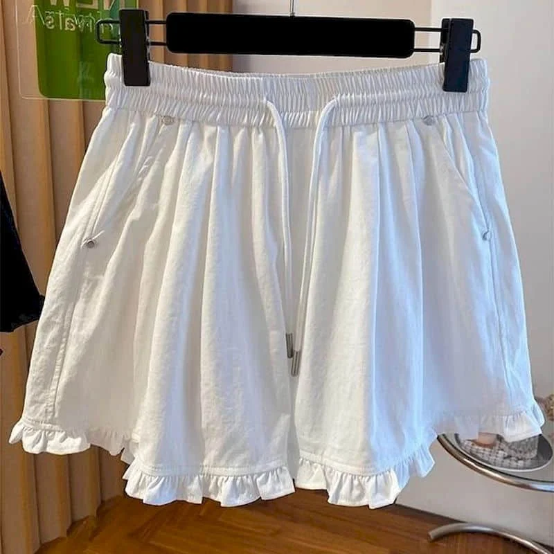 Solid Shorts Casual 2026 Summer Sale Ruffled Edge A-line Elastic Waist Wide Leg Pants Casual Cargo Shorts Loose Women Clothing