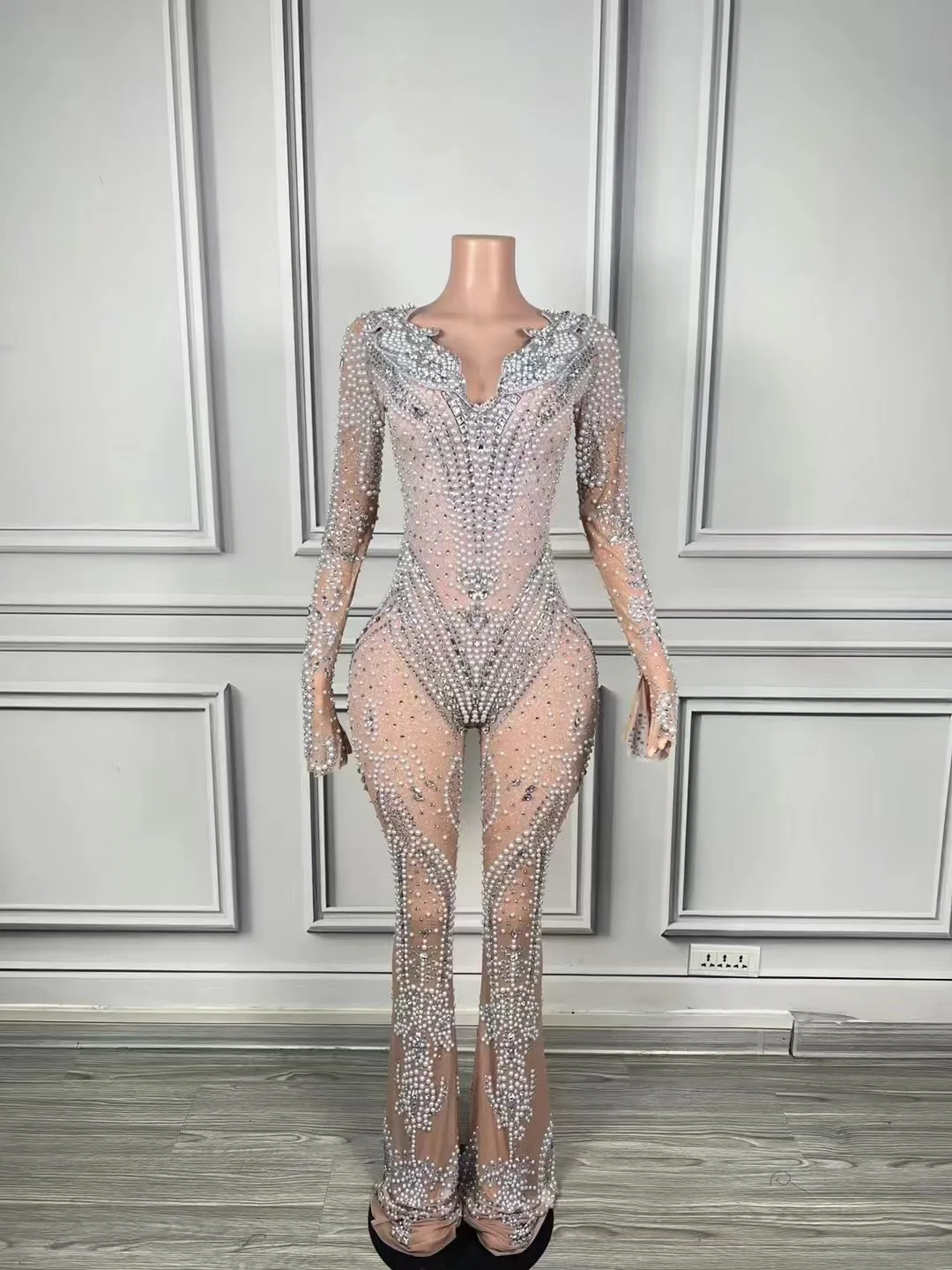 

Heavy Industry Elegant Dinner Dress Luxury Full Diamond Pearl Diamond Chain Super a One-Piece Wide-Leg Pants Singer Stage Perfor