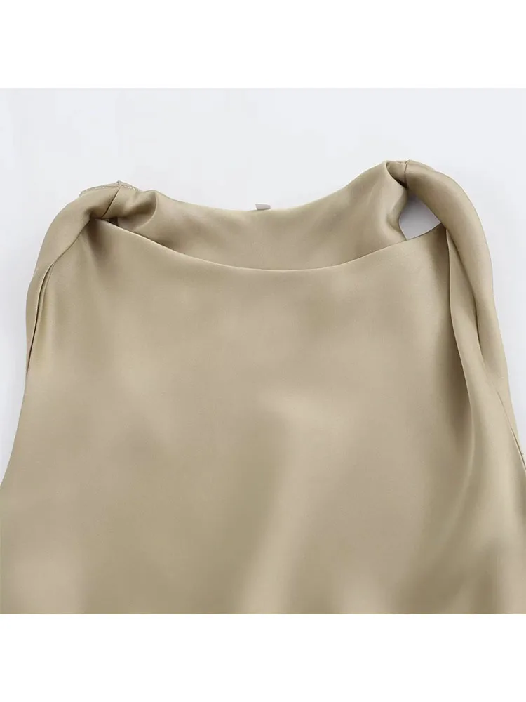 Zadata Dames Nieuwe Slim Fit Ronde Hals Mouwloze Geplooide Decoratieve Zijden Satijnen Midi Jurk