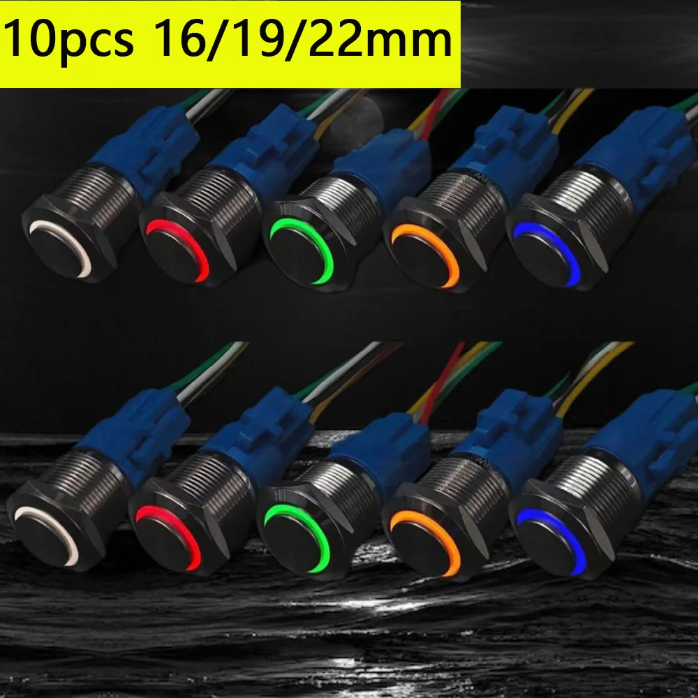 

10pcs On Off Button Waterproof Momentary 12v Switch Latching 16 19 22 mm LED Light Car Start Stop 5V 6V 24V 220V Red White Blue