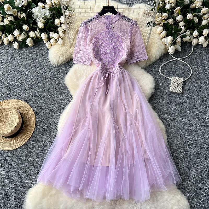 Purple Embroidery Lace Mesh Dresses Spring Women Hollow Out Sheer Long Dress Summer High Waist Round Neck Short Sleeved Dress