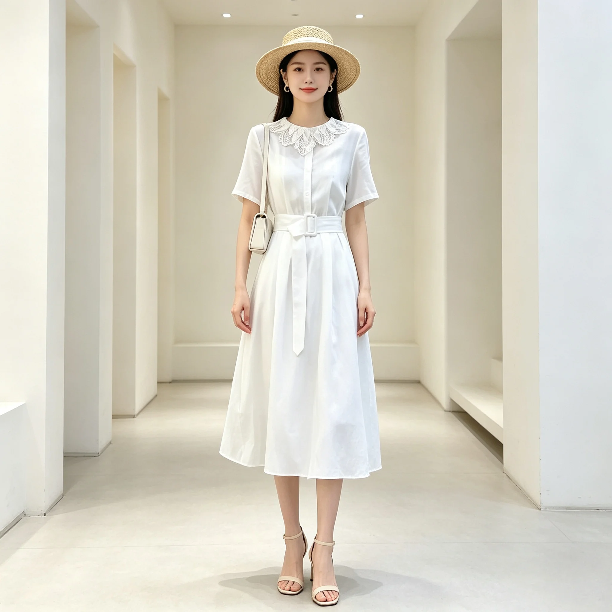 Summer Women Short Sleeve Dress Lace Neckline Button Front Belted Waist A Line Midi Dress