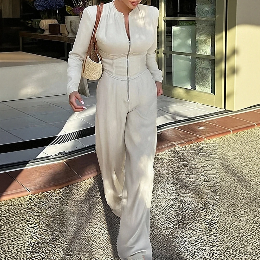 

Autumn Button Decorated Commute Style Tailored Fit Jumpsuit With Cucumber Collar Long Pants Women's Fashion