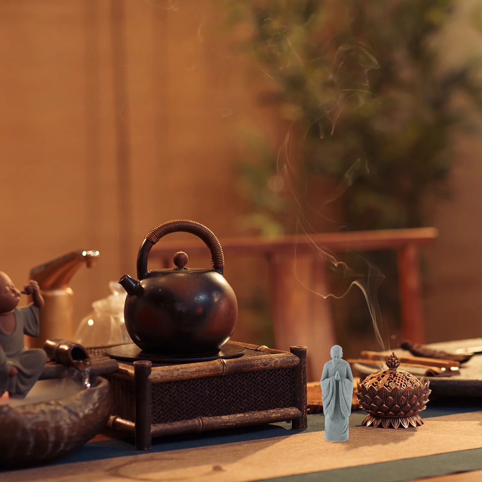 

Exquisite Resin Mini Monk Statue Zen Style Flat Bottom Decor Photography Prop Desktop Ornament Courtyard Bonze