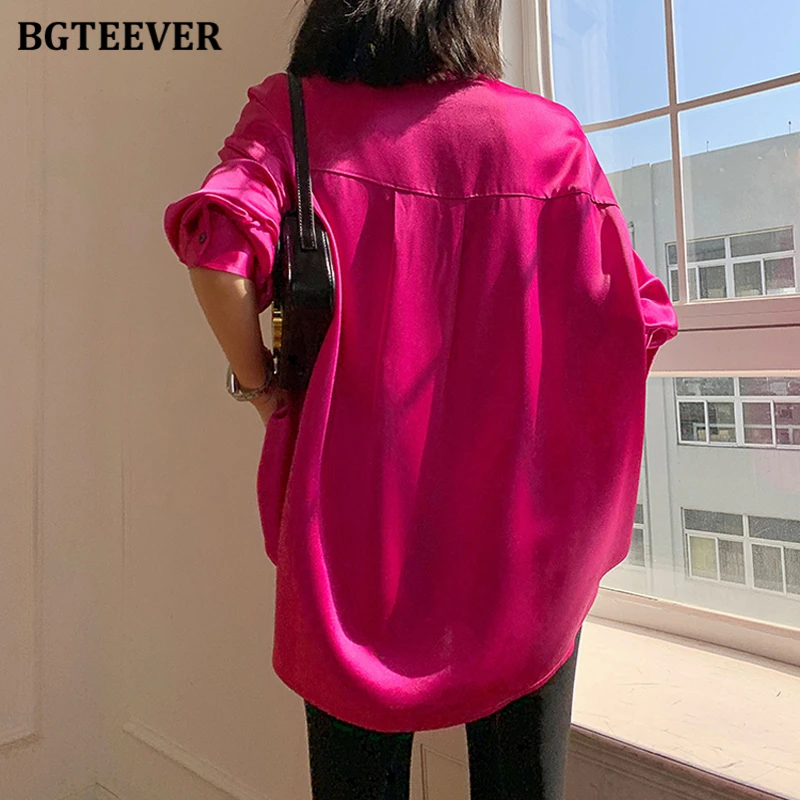 BGTEEVER Stylish Single-breasted Female Satin Blouses Tops Long Sleeve Loose Solid Women Shirts Spring Ladies Blusas