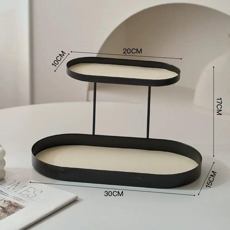 صينية مزدوجة لسطح المكتب المنزلي الإبداعي، صندوق تخزين مستحضرات التجميل والمجوهرات المعدنية السوداء، رف العطور، رف مفاتيح الشرفة