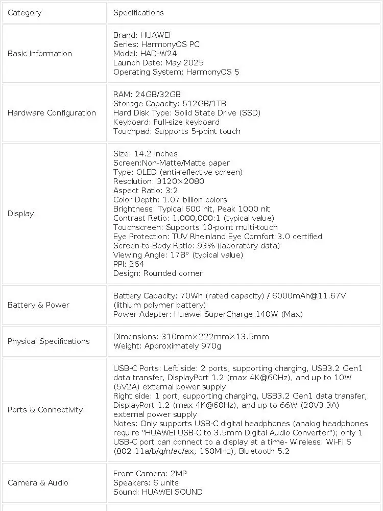 2025 HUAWEI MateBook Pro 14.2-inch Laptop CPU Kirin X90 HarmonyOS 6  OLED 120Hz 3120*2080