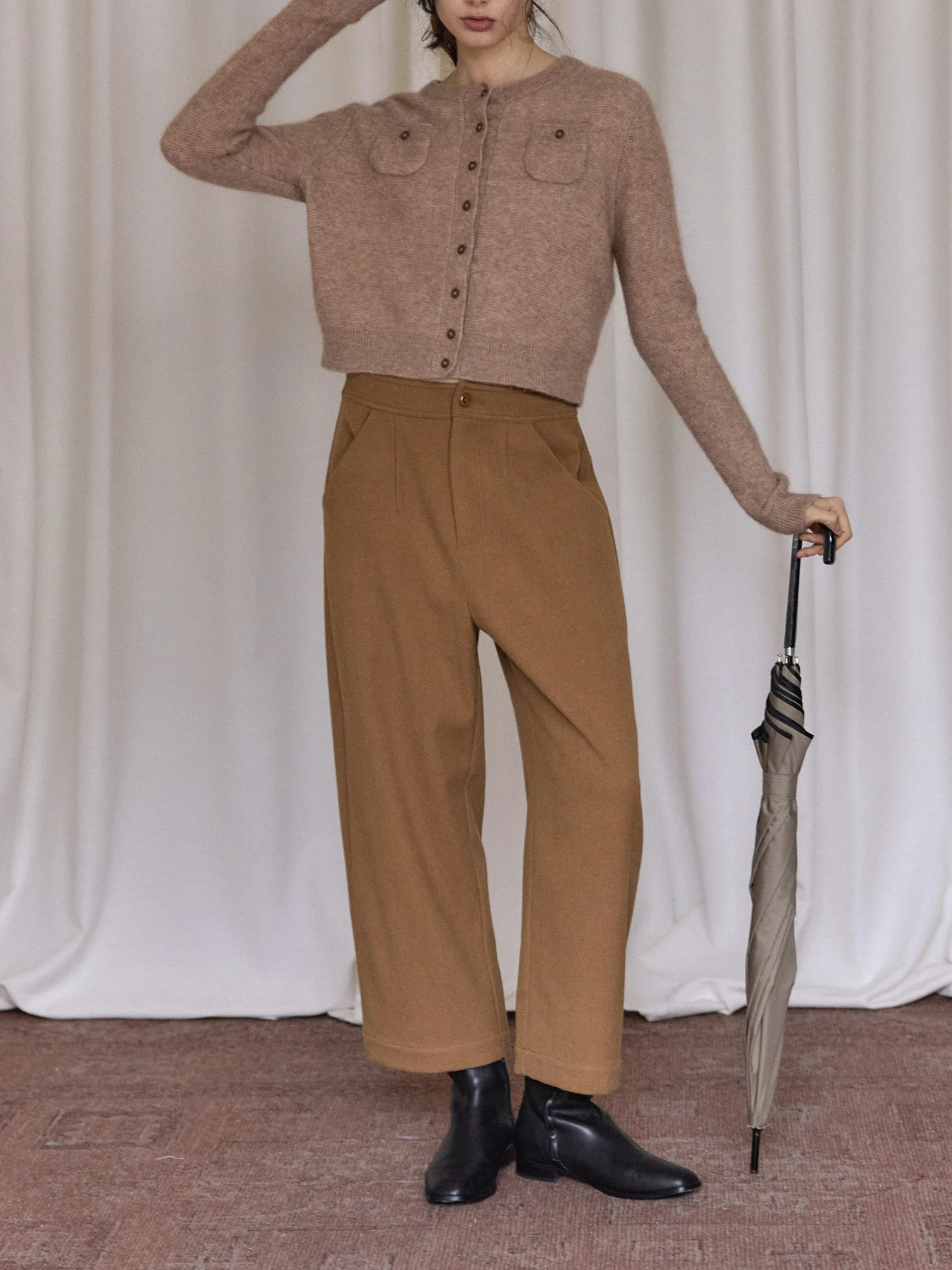 

Autumn Winter New Central Station Warm Mustard Color Wool Blend Fce Nine Points Casual Women's Pants l Waist Straigh...