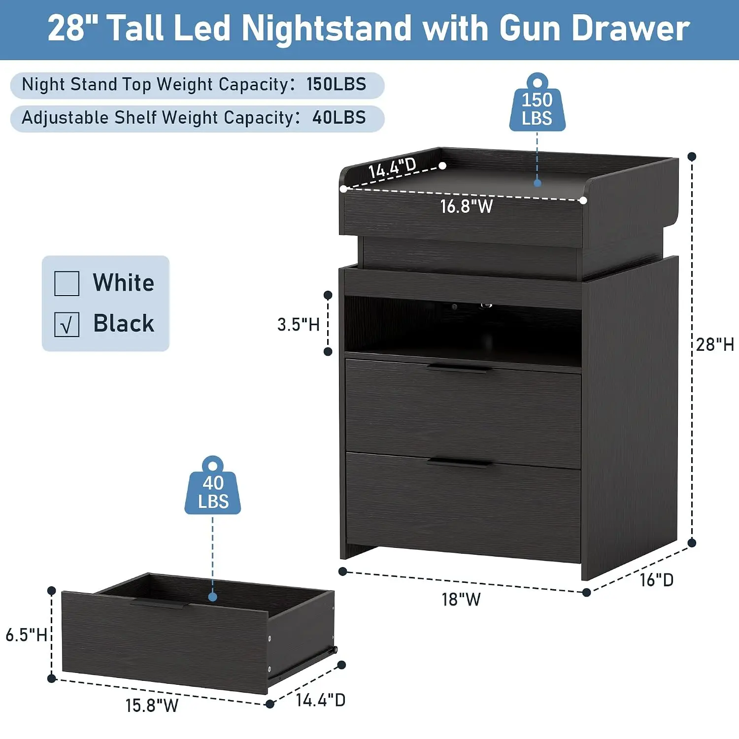 Modern Nightstand Set of 2 with USB Charging Station & LED Light, Black, Customized