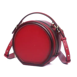 Fashionable new genuine leather women's bag, retro round cowhide crossbody bag, one shoulder handbag, cylindrical bag