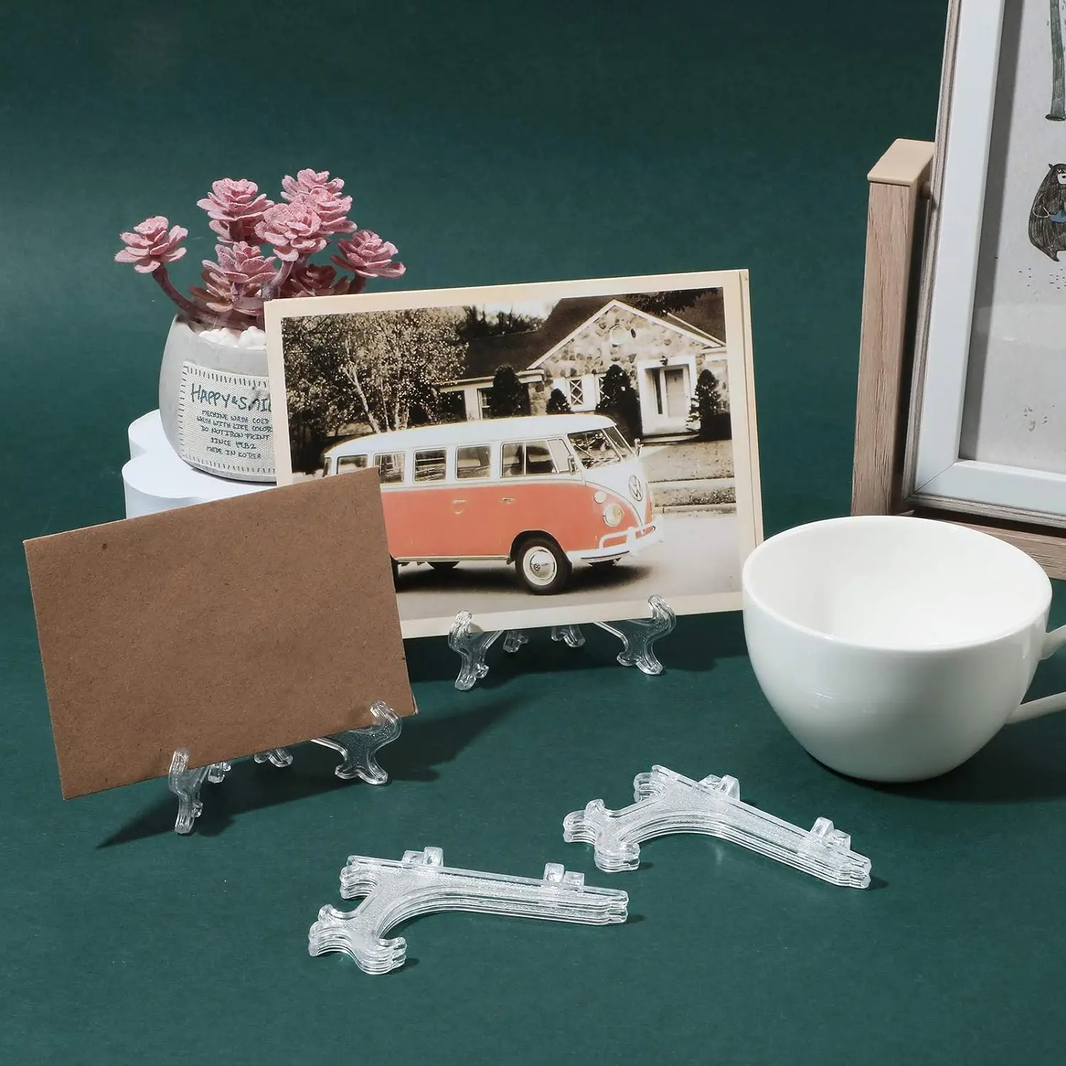 Clear Plastic Acrylic Easels Table Top Plate Holder Dish Bowl Racks Photos Picture Frame Folding Stand Storage Home Decoration