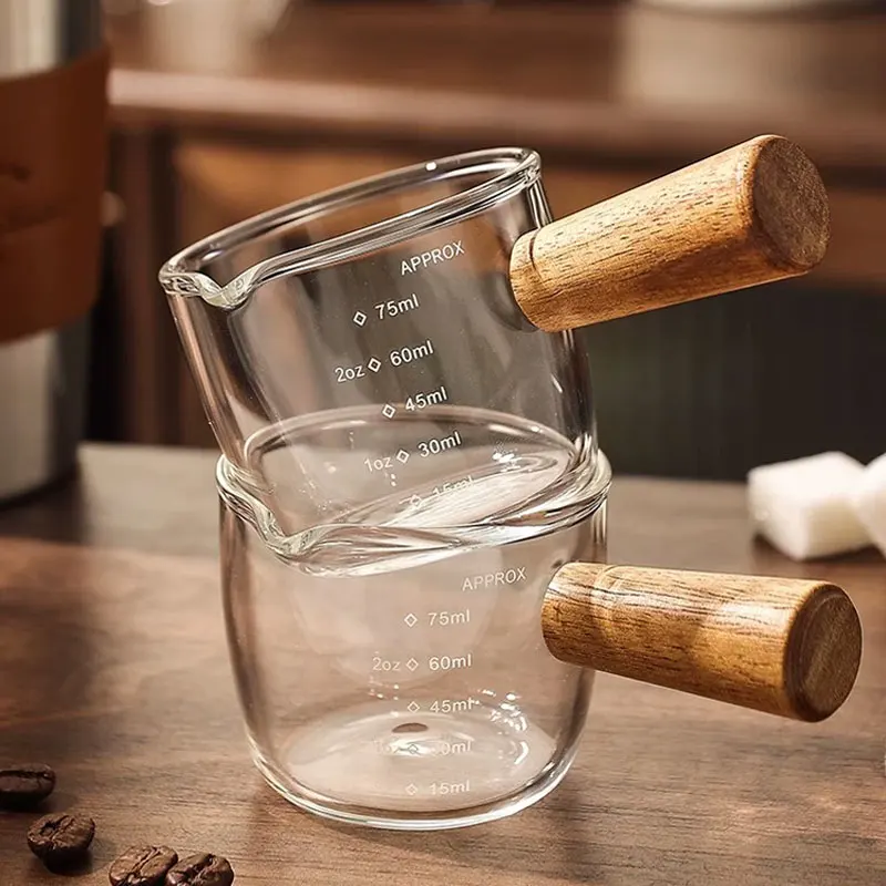 75ml/210ml Shot Ounce Cups Coffee Cup with Dual Spouts Glass Graduated for Italian Espresso Extraction Wooden Handle Milk Cup