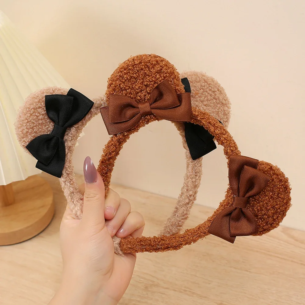 Cute Bow Tie Bear Ears Plush Hair Band for Women Wash Face Cartoon Kid Headband Female Sweet Hairband for Girls Hair Accessories