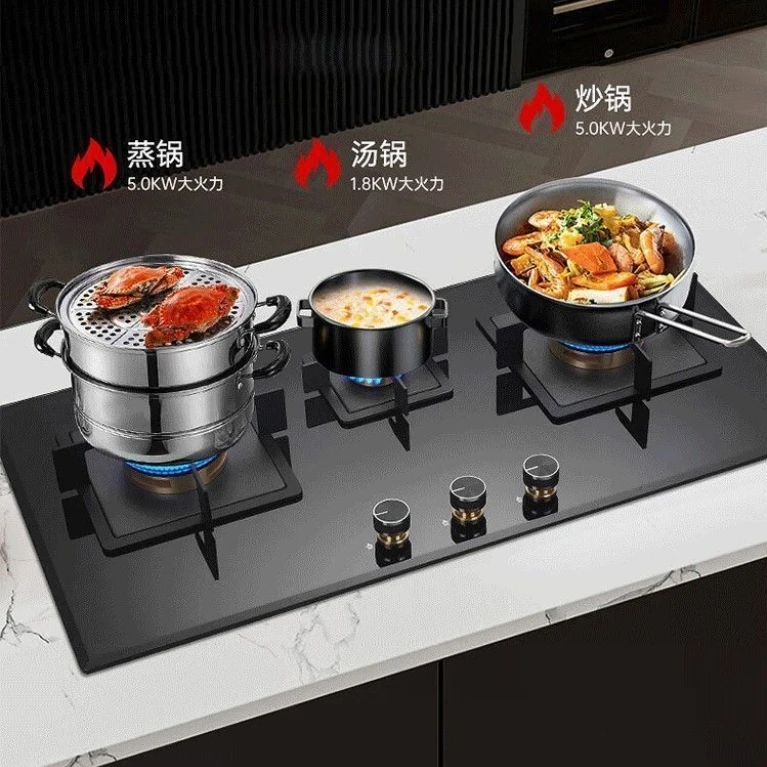 لوحة كبيرة 3 شعلات موقد غاز سميكة من الزجاج المقسى قوة نيران عالية مدمجة في طباخ منزلي