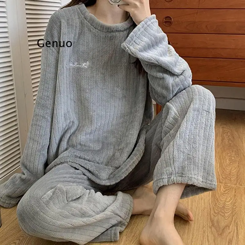 Autumn Plush Pajamas Set Women Thick Warm Winter Pajamas Velvet Loungewear Home Suits Female Casual Loose Sleep Wear 2021