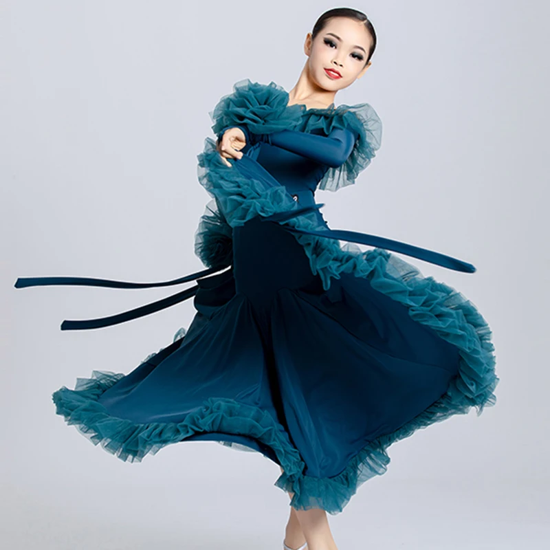 

Blue Ballroom Dance Dress Standard Modern Dance Costume Girls Off Shoulder Waltz Performance Dress Tango Competition Suit 2447
