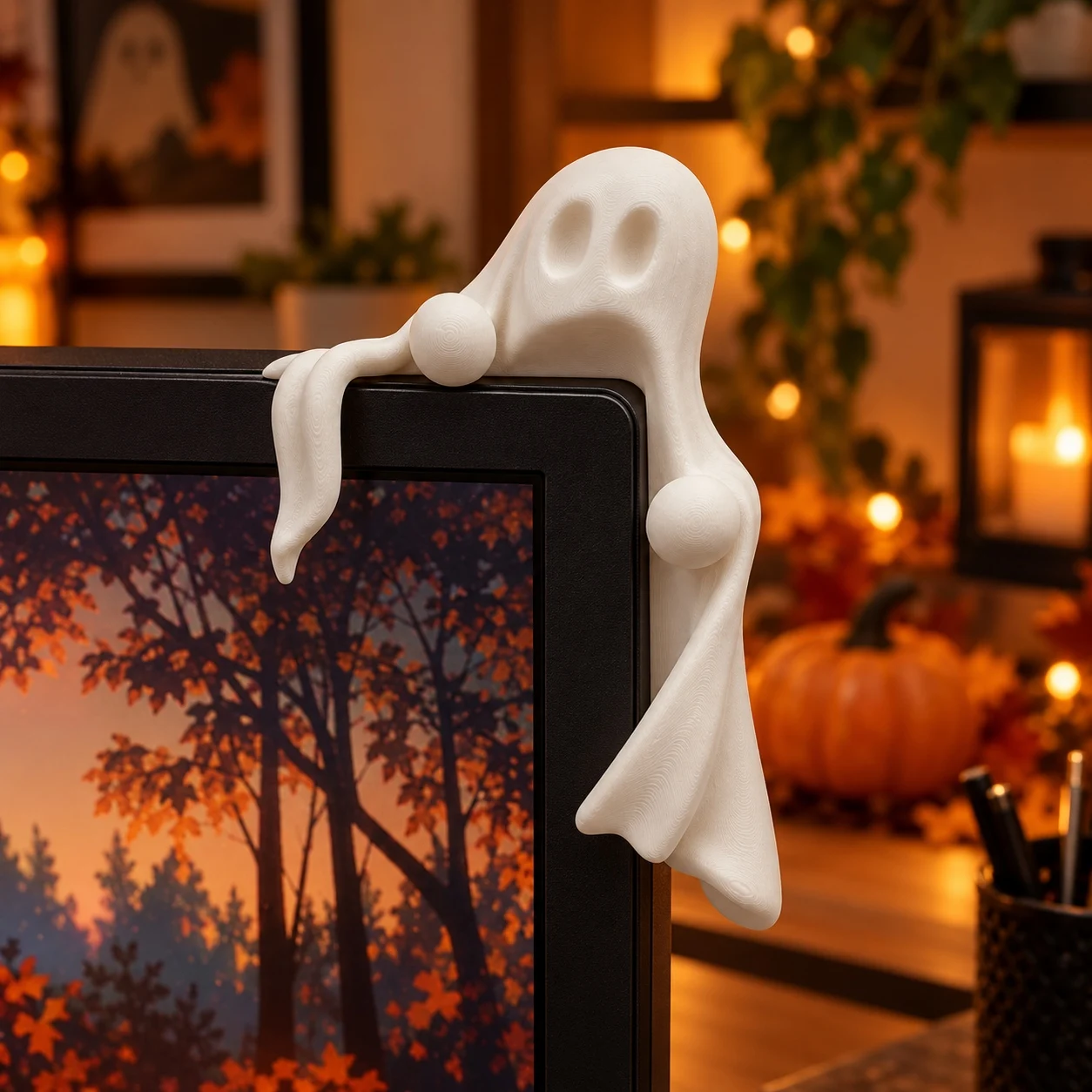 Ghost Monitor Corner Decor, 3D Printed Halloween Computer Screen Topper, Cute Spooky Desk Ornament for Office Gaming Room, 1PC