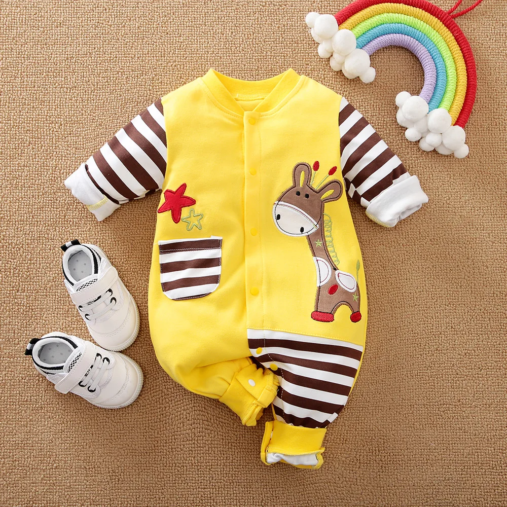 Spring And Autumn Boys And Girls Cute Cartoon Dynamic Giraffe Embroidered Cotton Comfortable Long Sleeve Baby Bodysuit