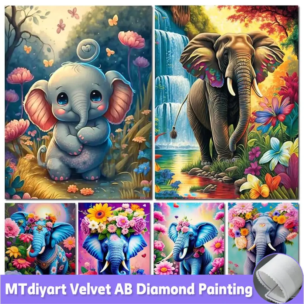 Lovely Elephant Cub Flowers Diamond Painting AB New 2023 Cross Stitch DIY Embroidery Animal Mosaic Picture Rhinestone Craft