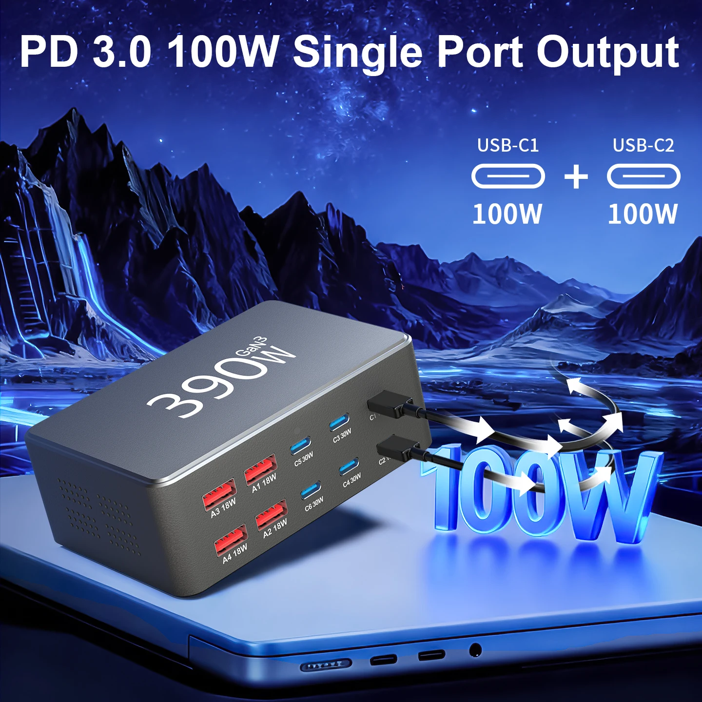 390 واط USB GaN شاحن 100 واط PD3.0 PPS QC3.0 نوع C متعدد المنافذ سبائك الألومنيوم محطة شحن سريع لأجهزة الكمبيوتر المحمول آيفون سامسونج اللوحي #3