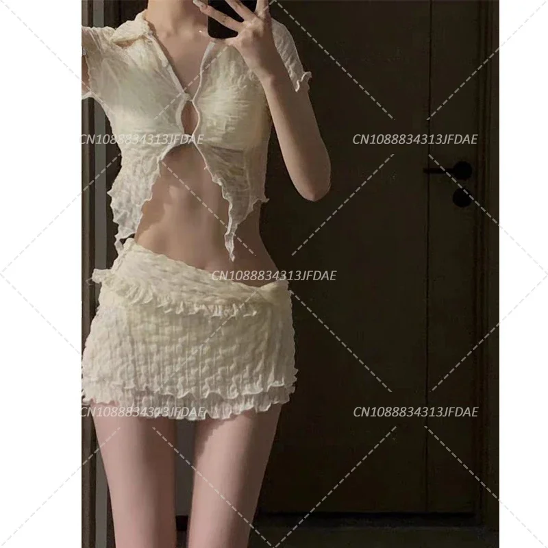 

Womens Solid Color Swimsuit Halter Bikinis Set Summer Lace Up Bathing Suit 3 Pieces Swimwear with Short Sleeves Crop Top