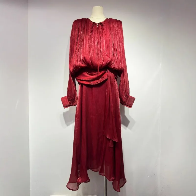 

S New Solid Chic Dresses For Women O Neck Long Sleeve Spliced Lace Up Sweet Style Dresses Female Clothing