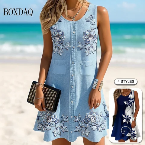 Summer Women Dress 2025 Women Summer Sleeveless Bohemian Dress Fashion Imitate Cowboy Vest Flowers Print Dress Casual Tank Beach Dresses For Women
