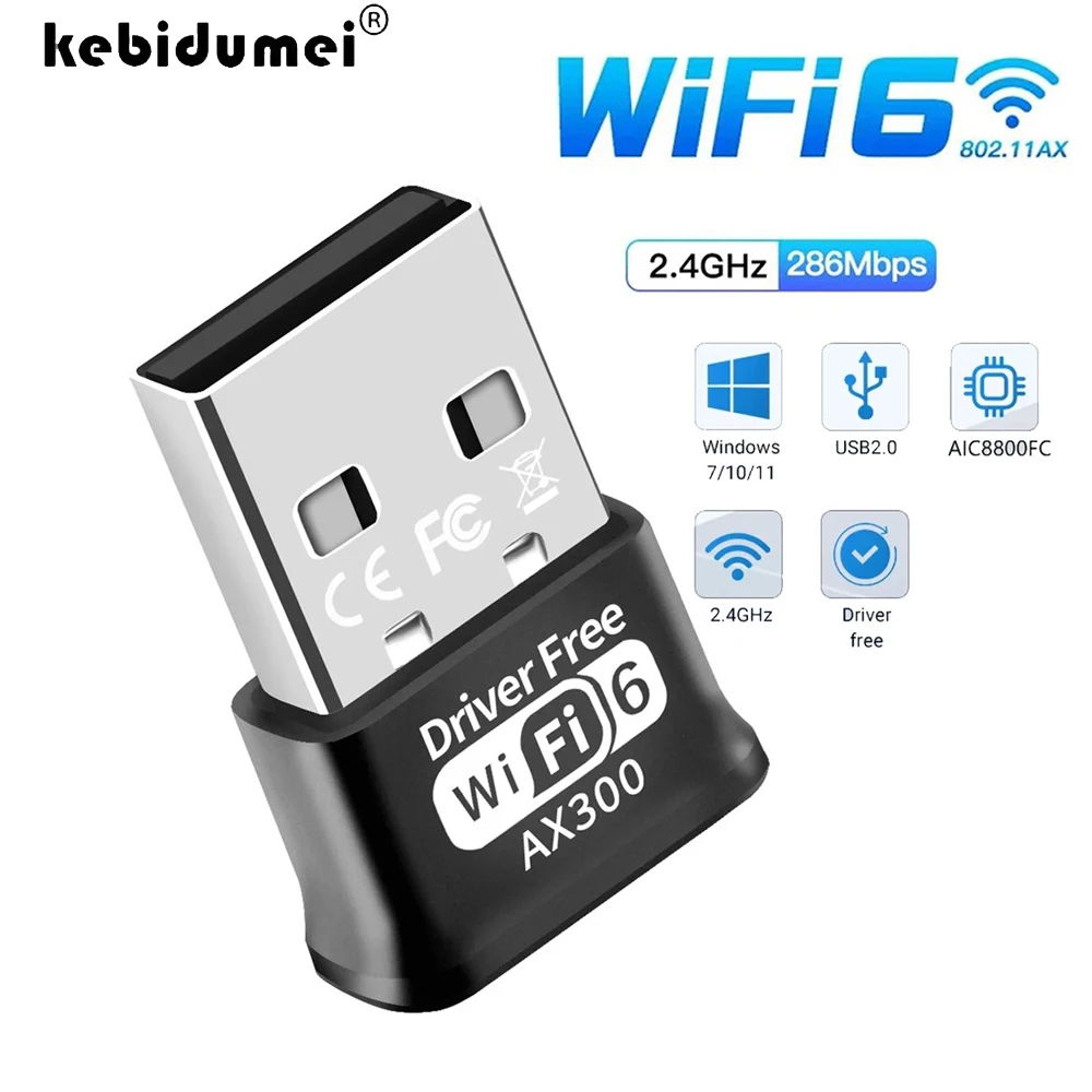 KEBIDUMEI Mini USB WIFI 6 Dongle Network Card 2.4GHz Wi-Fi Lan Adapter Driver Free For PC Laptop Windows 7 10 11 300M Receiver