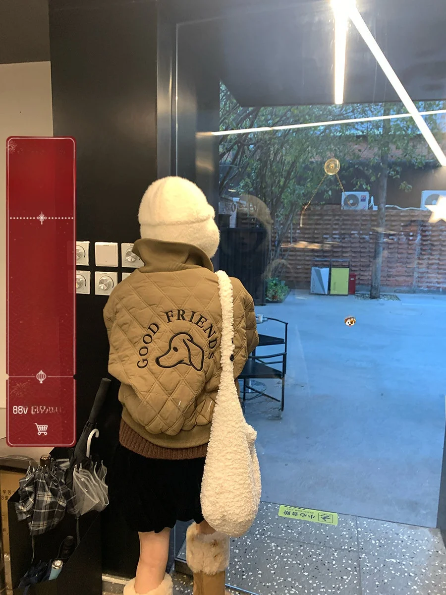 

Thiened ort Cotton Jaet Women's Sle Embroidered Doggie Insert Warmth Winter Wear Straight Cut Long Sve Zipper Closure