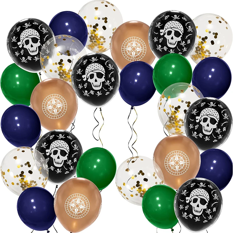 26Pcs Black Blue Green Gold Halloween Party Skull Pirate Latex Balloon Caribbean Men Pirate Ship Costume Birthday Party Supplies