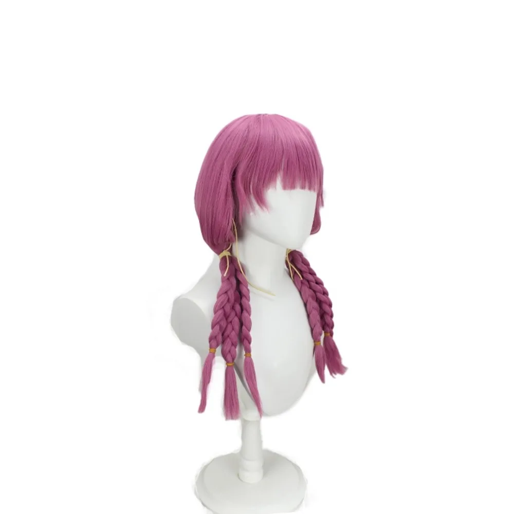 Peruca cosplay Frieren Aura cabelo trançado rosa roxo