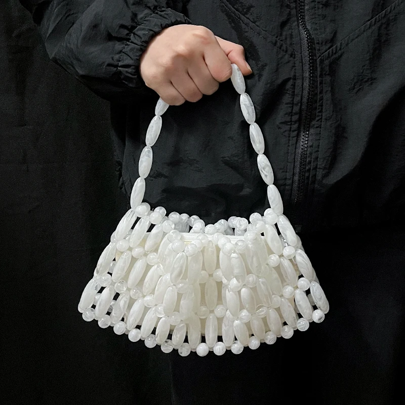 Sleek and elegant handmade bead-woven openwork casual French retro style handbag for evening parties and galas