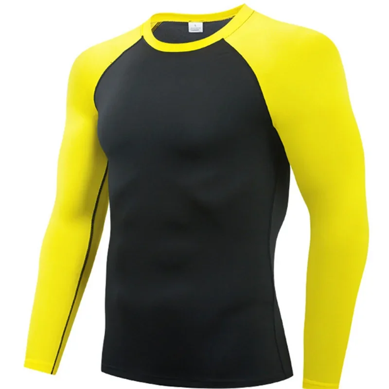 

Дышащий тренировочный топ с длинными рукавами, желтый, черный, облегающая спортивная рубашка для фитнеса, быстросохнущая ткань