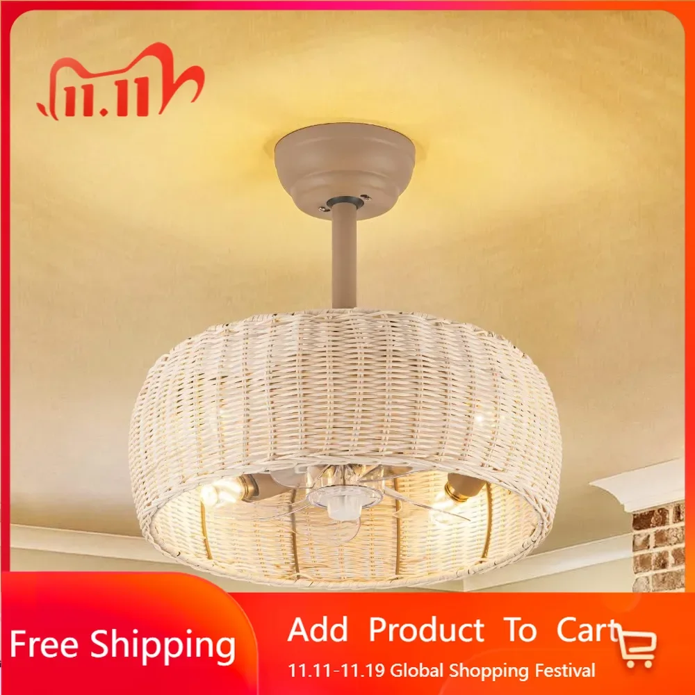 Vine made ceiling fan lighting with remote control, Bohemian cage style ceiling fan lighting fixture, with reversible motor