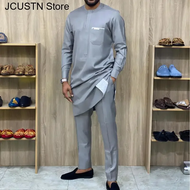 Moda Casual Blu Navy 2 pezzi Camicia e pantaloni Outfit Big Size 3XL 4XL Elegante streetwear Abiti eleganti tradizionali da uomo africano