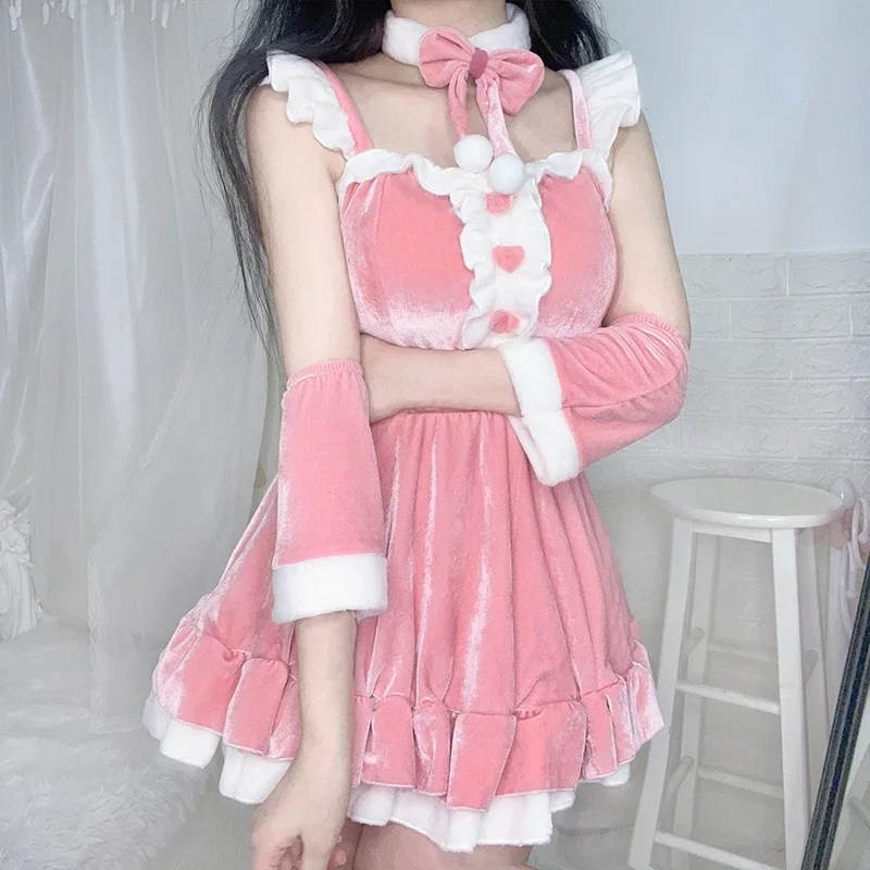 Kerstkostuum Lolita Bunny Girl Cosplay Uniform Volledige Set Rode Sexy Jurk Roze Strik Kawaii Meid Outfit Xmas Rollenspel Kostuums