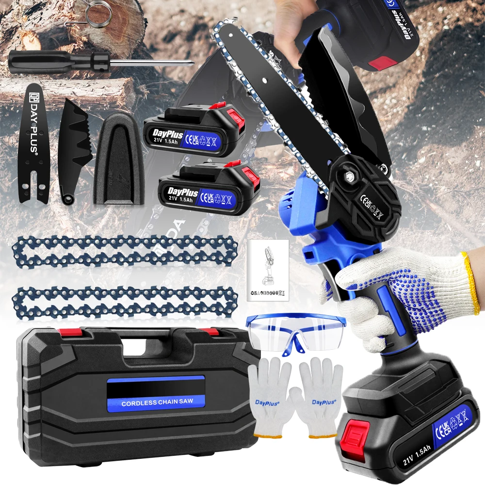 Mini tronçonneuse électrique sans fil de 6 pouces, batterie 1,5 Ah, tronçonneuse à batterie pour la coupe de branches d'arbres et de bois, avec verrou de sécurité et déflecteur de tronçonneuse, outil