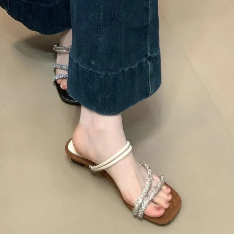 Understated Glamour Sandals: Thin Strap Design W/ Square Toe & Micro-Crystal Embellishments, Comfort Arch Support System