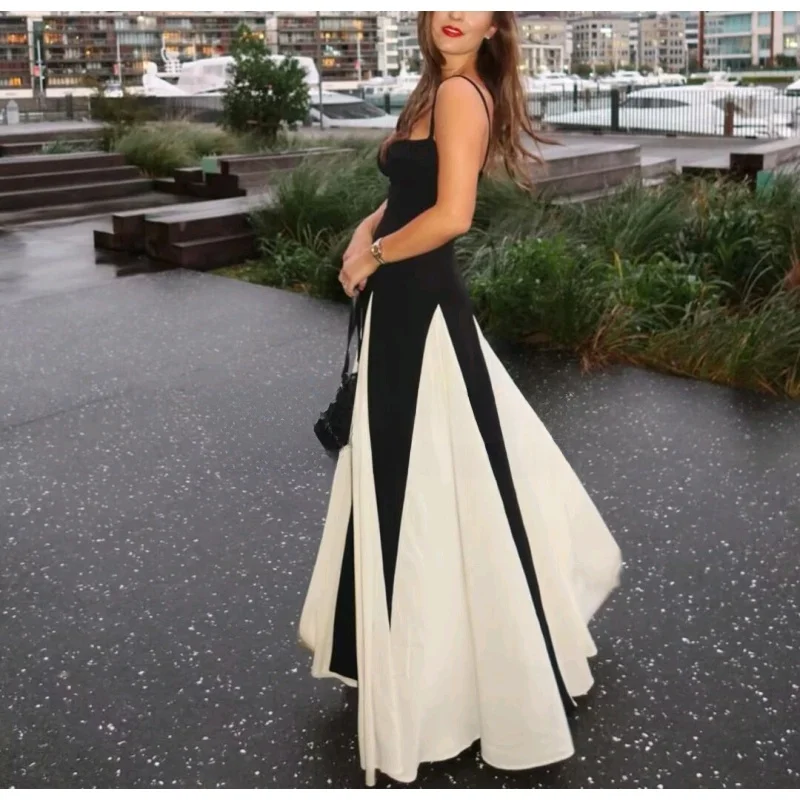 

Spring New plus Size Casual Svel Bla White Splicing Long Dr Women's Sexy High Waist Maxi Dr Polyester Fiber