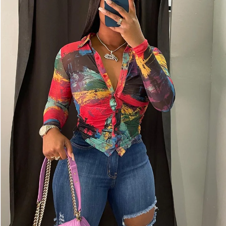 

Sexy Slim Tie Dye Printing Ruched Tops Woman Turndown Collar Long Sleeve Single Breasted Shirt 2024 Spring New Retro Streetwear