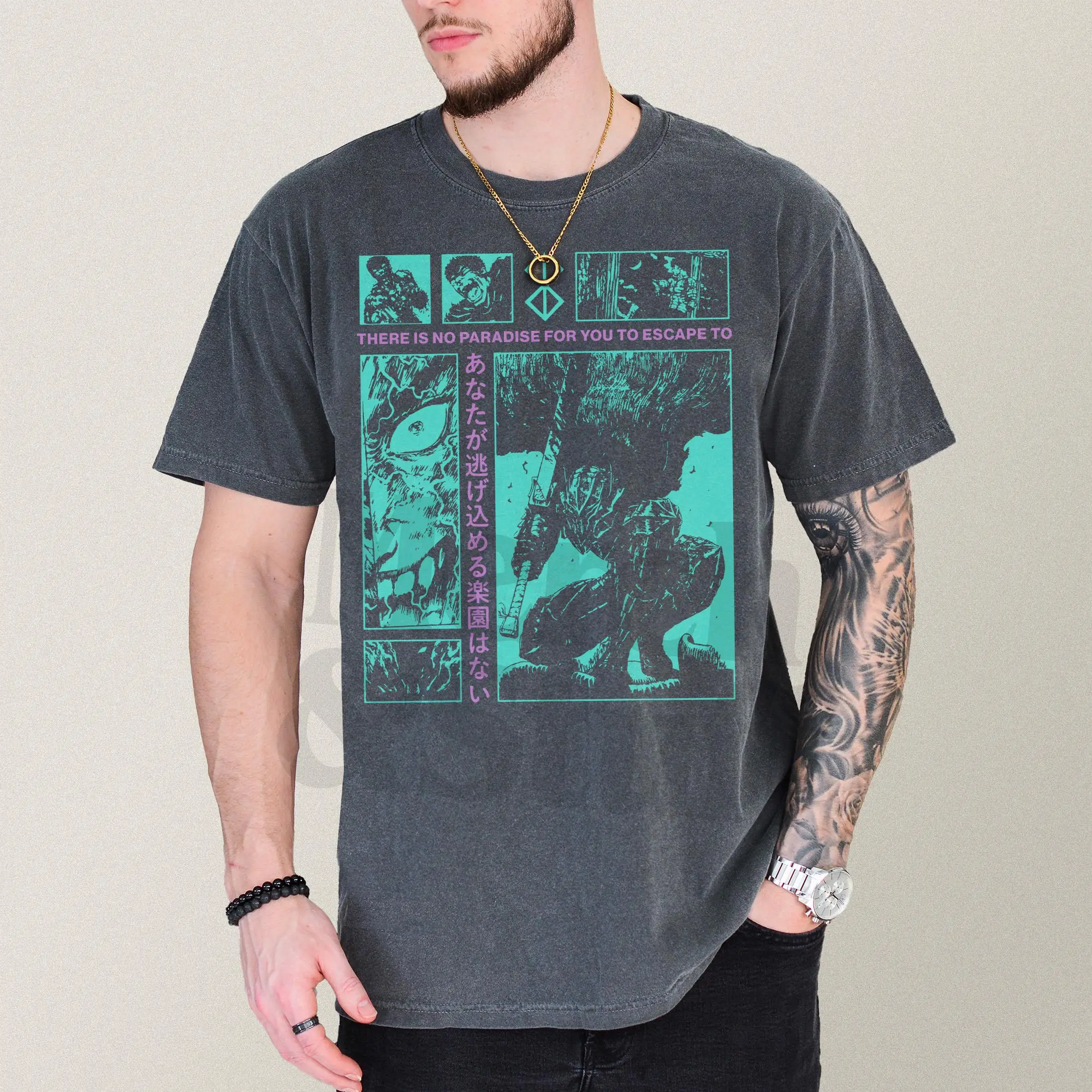 

Промытая футболка для мужчин и женщин Berserk Graphic Oversized Y2k с коротким рукавом в стиле ретро, гранж, аниме, рубашка 90-х годов, футболка с мангой Guts, одежда