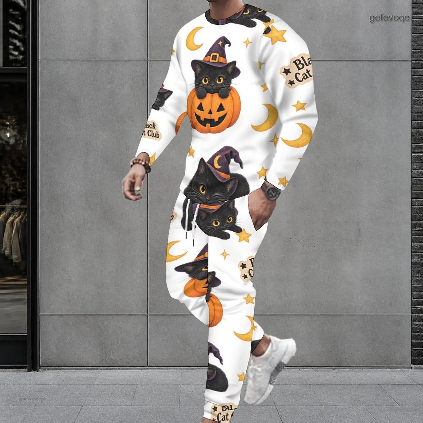 Men White Black Cat Witch Hat Pumpkin Print Round Neck Long Sleeve Top And Cuffed Pants Two Piece Set